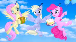 Size: 1920x1080 | Tagged: safe, artist:owlpirate, derpy hooves, fluttershy, pinkie pie, earth pony, pegasus, pony, g4, 3d, balloon, cake, clothes, flying, food, hat, party hat, present, source filmmaker, tongue out