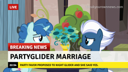 Size: 1280x720 | Tagged: safe, edit, edited screencap, screencap, night glider, party favor, pegasus, pony, unicorn, g4, break your own news, breaking news, female, looking at each other, male, mare, ship:partyglider, shipping, smiling, stallion, straight