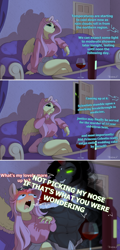 Size: 1500x3113 | Tagged: safe, artist:evehly, fluttershy, king sombra, pegasus, unicorn, anthro, g4, abs, adorasexy, alcohol, big breasts, blatant lies, blushing, booty shorts, bottle, breasts, busty fluttershy, caught, claws, coat markings, colored wings, colored wingtips, comic, crossed legs, curvy, cute, embarrassed, facial markings, fangs, female, flutterthighs, glass, hourglass figure, implied cakelestia, male, muscles, nose picking, open mouth, panic, pecs, peeking, scared, sexy, ship:sombrashy, shipping, shyabetes, sitting, spread wings, star (coat marking), straight, suspiciously specific denial, sweatshirt, thighs, two toned wings, watching tv, wavy mouth, wine, wine bottle, wine glass, wingboner, wings, woonoggles