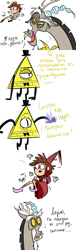 Size: 1280x4200 | Tagged: safe, artist:artmarina-arts, discord, human, g4, bill cipher, bowtie, bust, comic, crossover, cyrillic, dialogue, female, gravity falls, hat, male, russian, top hat, translated in the comments