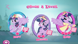 Size: 1280x719 | Tagged: safe, gameloft, twilight sparkle, alicorn, pony, g4, magical mystery cure, official, big crown thingy, clone, clothes, coronation dress, dress, element of magic, game, hasbro, jewelry, looking at you, memory match, regalia, site, smiling, solo, twilight sparkle (alicorn)