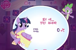Size: 799x524 | Tagged: safe, spike, twilight sparkle, alicorn, dragon, pony, g4, magical mystery cure, official, clothes, coronation dress, dress, failure, game, looking at you, memory match, misspelling, smiling, twilight sparkle (alicorn)