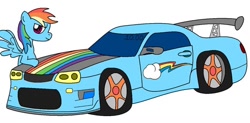 Size: 900x444 | Tagged: safe, artist:gauntletporsche, rainbow dash, pegasus, pony, g4, car, female, mare, nissan, nissan skyline, simple background, skyline r34, smiling, solo, white background, wings