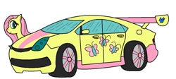 Size: 900x402 | Tagged: safe, artist:gauntletporsche, fluttershy, pegasus, pony, g4, car, cutie mark, female, mare, simple background, smiling, solo, toyota, toyota prius, white background