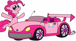 Size: 900x494 | Tagged: safe, artist:gauntletporsche, pinkie pie, earth pony, pony, g4, car, cutie mark, female, mare, simple background, smiling, solo, volkswagen, volkswagen beetle, white background