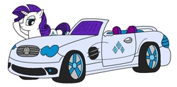 Size: 900x447 | Tagged: safe, artist:gauntletporsche, rarity, pony, unicorn, g4, car, convertible, female, mare, mercedes-benz, mercedes-benz sl-class, simple background, smiling, solo, white background