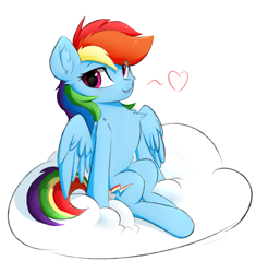 Size: 1529x1626 | Tagged: safe, artist:d.w.h.cn, rainbow dash, pegasus, pony, g4, cheek fluff, chest fluff, cloud, cute, dashabetes, ear fluff, feathered wings, female, floating heart, heart, looking at you, mare, on a cloud, simple background, sitting, solo, spoken heart, spread wings, white background, wings