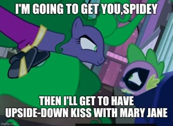 Size: 686x500 | Tagged: safe, edit, edited screencap, screencap, mane-iac, spike, dragon, pony, g4, power ponies (episode), caption, female, image macro, implied lesbian, male, mare, quote, spider-man, text, the simpsons