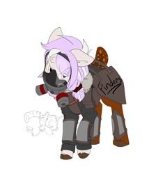 Size: 3000x3500 | Tagged: safe, oc, oc only, oc:little chip, deer, deer pony, hybrid, original species, fallout equestria, fallout equestria: project horizons, angry, armor, clothes, cloven hooves, fanfic art, female, filly, finders keepers, gas mask, high res, jacket, logo, mask, shadow, simple background, solo, this will not end well, two toned mane, white background