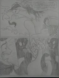 Size: 1944x2592 | Tagged: safe, artist:princebluemoon3, cosmos, discord, oc, oc:queen galaxia (bigonionbean), oc:tommy the human, alicorn, draconequus, human, pony, comic:the chaos within us, g4, alicorn oc, black and white, canterlot, canterlot castle, castle, child, comic, commissioner:bigonionbean, creepy, creepy smile, crying, dialogue, female, fusion, fusion:princess cadance, fusion:princess celestia, fusion:princess luna, fusion:twilight sparkle, grayscale, holding, horn, human oc, male, mare, monochrome, possessed, restrained, shadow creature, shocked expression, smiling, surprised, tears of pain, traditional art, wings, writer:bigonionbean, younger, zipper, zippermouth