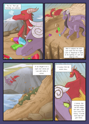 Size: 2591x3624 | Tagged: safe, artist:mustachedbain, dragon, comic:my dragon children, comic, dragoness, female, flying, gem, high res, mountain