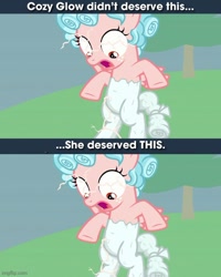 Size: 500x625 | Tagged: safe, edit, screencap, cozy glow, pegasus, pony, g4, the ending of the end, abuse, belly, caption, cozy deserved this, cozybuse, female, filly, image macro, meme, op isn't even trying anymore, petrification, punish the villain, punishment, text