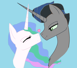 Size: 1000x876 | Tagged: safe, artist:snoopy7c7, idw, king sombra, princess celestia, alicorn, pony, unicorn, g4, blue background, eye contact, eyes closed, female, good king sombra, heart, lidded eyes, looking at each other, male, ship:celestibra, shipping, simple background, straight
