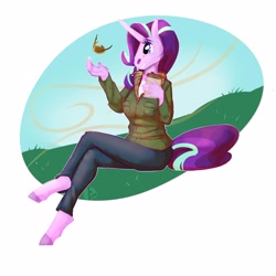 Size: 2500x2500 | Tagged: safe, artist:roseanon4, starlight glimmer, unicorn, anthro, unguligrade anthro, g4, clothes, coffee, female, high res, jacket, leaf, simple background, solo, white background