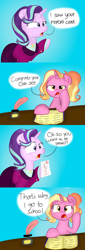 Size: 1024x3016 | Tagged: safe, artist:swivel starsong, luster dawn, starlight glimmer, pony, unicorn, g4, book, child, clothes, comic, daughter, dialogue, female, inkwell, jay versace, luster dawn is starlight's and sunburst's daughter, mother, mother and child, mother and daughter, older, older starlight glimmer, parent:starlight glimmer, parent:sunburst, parents:starburst, quill, smartass, suit, this will end in detention, this will end in grounding, this will end in gulag