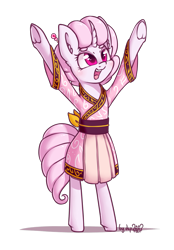 Size: 1207x1732 | Tagged: safe, artist:dsp2003, oc, oc only, oc:sakuragi-san, pony, unicorn, bipedal, blushing, clothes, curved horn, female, horn, mare, open mouth, raised hooves, simple background, solo, transparent background, underhoof, vaguely asian robe