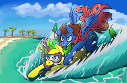 Size: 1920x1263 | Tagged: safe, artist:folieatrois, oc, oc only, oc:bit assembly, oc:bizarre song, earth pony, original species, pegasus, pony, shark, shark pony, beach, cape, clothes, duo, female, jet ski, jewelry, male, necklace, outdoors, palm tree, riding, riding a pony, snorkel, tree, water