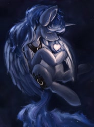 Size: 2240x3038 | Tagged: safe, artist:rigbyh00ves, princess luna, alicorn, pony, g4, crying, eyes closed, female, glowing, heart, high res, mare, night, protecting, solo, stars, teary eyes, three quarter view, wings