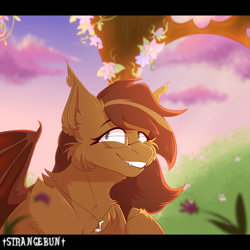 Size: 2000x2000 | Tagged: safe, artist:strangebun, oc, oc only, bat pony, pony, chest fluff, ear fluff, flower, high res, jewelry, necklace, scenery, solo, spread wings, wings