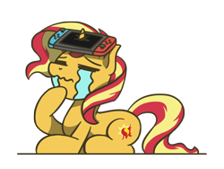 Size: 1800x1350 | Tagged: safe, artist:flutterluv, sunset shimmer, pony, unicorn, g4, crying, eyes closed, female, horn, horn impalement, nintendo switch, prone, simple background, solo, transparent background, wavy mouth