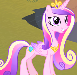 Size: 1744x1687 | Tagged: safe, screencap, princess cadance, alicorn, pony, g4, season 4, three's a crowd, cropped, crown, female, folded wings, grin, jewelry, mare, regalia, smiling, solo, tiara, wings