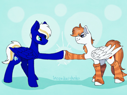 Size: 2048x1536 | Tagged: safe, artist:incendiarymoth, oc, oc only, oc:electric blue, oc:milkyway mihay, pegasus, pony, friendship, hoofbump, leg warmers, looking at each other, male, traditional art