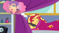 Size: 1280x720 | Tagged: safe, artist:3d4d, edit, edited screencap, screencap, flash sentry, sunset shimmer, best trends forever, equestria girls, g4, my little pony equestria girls: better together, my little pony equestria girls: choose your own ending, wake up!, dream, eyes closed, female, male, ship:flashimmer, shipping, sleeping, solo, straight, thought bubble