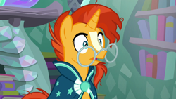 Size: 1280x720 | Tagged: safe, screencap, sunburst, pony, unicorn, g4, the crystalling, clothes, glasses, male, robe, solo, stallion, sunburst's cloak, sunburst's glasses, surprised