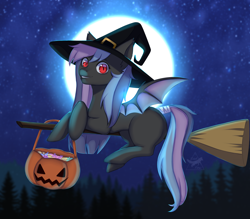 Size: 4000x3500 | Tagged: safe, artist:asyaredfox, oc, oc only, oc:stellar wind, bat pony, pony, bat pony oc, bat wings, broom, concave belly, female, flying, flying broomstick, forest, hat, moon, night, pumpkin, red eyes, solo, wings, witch costume, witch hat