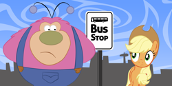 Size: 2000x1000 | Tagged: safe, artist:vmkhappy-panda, applejack, earth pony, pony, g4, bus stop, cowboy hat, crossover, fuzzy lumpkins, hands behind back, hat, looking at each other, sign, the powerpuff girls