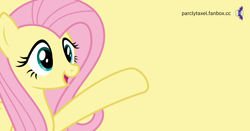 Size: 1200x630 | Tagged: safe, artist:parclytaxel, fluttershy, pegasus, pony, g4, female, mare, raised hoof, show accurate, simple background, smiling, solo, wip, yellow background