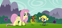 Size: 2000x893 | Tagged: safe, artist:vmkhappy-panda, fluttershy, flying squirrel, human, pegasus, pony, squirrel, g4, bubbles (powerpuff girls), bullet, crossover, flower, flying, the powerpuff girls