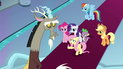 Size: 1920x1080 | Tagged: safe, screencap, applejack, discord, fluttershy, pinkie pie, rainbow dash, rarity, spike, dragon, g4, the ending of the end, winged spike, wings