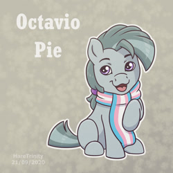 Size: 1400x1400 | Tagged: safe, artist:haretrinity, marble pie, octavio pie, earth pony, pony, g4, g4.5, my little pony: pony life, clothes, gender headcanon, headcanon, lgbt headcanon, male, open mouth, pride, pride flag, raised hoof, scarf, solo, stallion, trans male, transgender, transgender pride flag