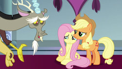 Size: 1920x1080 | Tagged: safe, screencap, applejack, discord, fluttershy, g4, the ending of the end