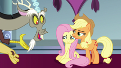 Size: 1920x1080 | Tagged: safe, screencap, applejack, discord, fluttershy, g4, the ending of the end