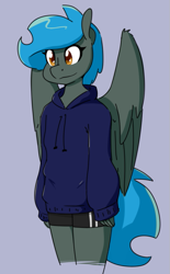 Size: 473x762 | Tagged: safe, artist:whatsapokemon, oc, oc only, oc:jade shine, pegasus, anthro, bike shorts, clothes, female, hoodie, shorts, simple background, solo