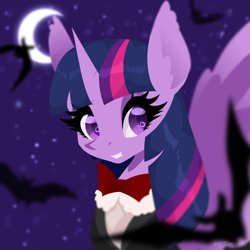 Size: 3000x3000 | Tagged: safe, artist:timser_, artist:timserart, artist:timserr, twilight sparkle, alicorn, pony, bats!, g4, bowtie, female, high res, looking at you, moon, night, solo, stars, twilight sparkle (alicorn)
