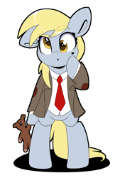 Size: 2696x4000 | Tagged: safe, artist:partypievt, derpy hooves, pegasus, pony, g4, bipedal, clothes, crossover, elbow pads, female, jacket, looking at you, mole, mr bean, necktie, simple background, solo, suit, teddy bear, tweed jacket, white background