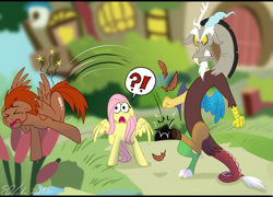 Size: 4086x2946 | Tagged: safe, artist:eveeka, discord, fluttershy, oc, draconequus, pegasus, pony, comic:the last adventure, g4, angry, butt kicking, confused, cottage, eyes closed, female, funny, jealous, kicking, male, ship:discoshy, shipping, shocked, straight, yandere, yanderecord