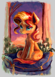 Size: 764x1080 | Tagged: safe, artist:plainoasis, sunset shimmer, pony, unicorn, g4, blue eyes, curtains, cushion, digital art, female, flower, hair over one eye, looking at you, multicolored hair, multicolored mane, multicolored tail, painting, pillow, plant, sitting, smiling, smiling at you, solo, sunset, tail