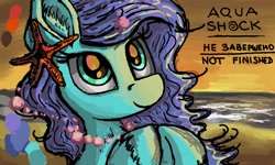 Size: 854x512 | Tagged: safe, artist:dreamyskies, oc, oc only, oc:aquashock, pegasus, pony, accessory, beach, complex background, cute, cyrillic, eye lashes, halfbody, looking up, pegasus oc, pony oc, russian, sketch, smiling, solo, sunset, text, unfinished art, wings