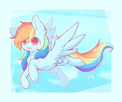 Size: 1280x1072 | Tagged: safe, artist:jisuppe, rainbow dash, pegasus, pony, g4, backwards cutie mark, chest fluff, colored pupils, eye clipping through hair, female, flying, mare, smiling, solo, spread wings, wings