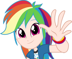 Size: 4848x4000 | Tagged: safe, artist:dashiesparkle, color edit, edit, editor:michaelsety, rainbow dash, equestria girls, g4, female, hand, human coloration, light skin, light skin edit, looking at you, simple background, skin color edit, solo, transparent background