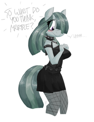 Size: 1100x1435 | Tagged: safe, artist:flutterthrash, marble pie, earth pony, anthro, g4, breasts, busty marble pie, choker, clothes, dialogue, eye clipping through hair, female, goth, punk, simple background, skirt, socks, spiked choker, thigh highs, white background