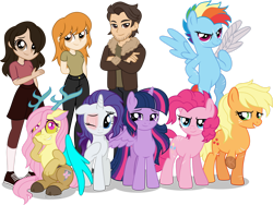 Size: 1920x1443 | Tagged: safe, artist:limedazzle, applejack, fluttershy, pinkie pie, rainbow dash, rarity, twilight sparkle, oc, oc:danny williams, oc:molly brunner, oc:morgan brunner, alicorn, draconequus, human, pegasus, pony, unicorn, fanfic:my little pony: the unexpected future, g4, alternate hairstyle, alternate timeline, amputee, apocalypse dash, artificial wings, augmented, crystal war timeline, draconequified, female, flutterequus, mane six, mare, mechanical wing, scar, show accurate, simple background, species swap, transparent background, twilight sparkle (alicorn), wings