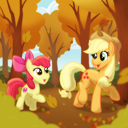Size: 2048x2048 | Tagged: safe, artist:whitequartztheartist, apple bloom, applejack, earth pony, pony, g4, autumn, forest, high res, leaves, tree