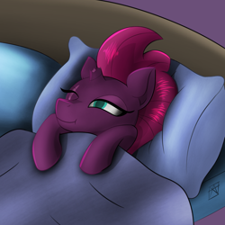 Size: 2480x2480 | Tagged: safe, artist:naen, fizzlepop berrytwist, tempest shadow, pony, unicorn, g4, bedsheets, comfy, cute, female, high res, lying down, mare, on back, one eye closed, pillow, sleepy, smiling, solo, tempestbetes