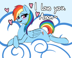 Size: 1500x1200 | Tagged: safe, artist:plaguemare, rainbow dash, pegasus, pony, g4, backwards cutie mark, blushing, bronybait, cloud, drawthread, female, floating heart, heart, i love you, implied anon, looking at you, on a cloud, requested art, smiling, smiling at you, solo, talking to viewer