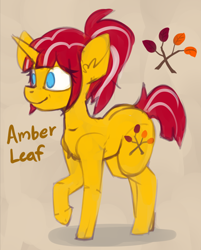 Size: 1102x1373 | Tagged: safe, artist:marsminer, oc, oc only, oc:amber leaf, pony, unicorn, abstract background, eye clipping through hair, female, mare, raised hoof, smiling, solo